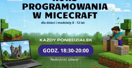 Plakat promocyjny Fundacji NABU w scenerii gry Minecraft z otwartym laptopem, postacią Steve'a układającą klocki i siatką koordynatów, informujący o zapisach na kurs programowania dla dzieci w wieku 8–12 lat w każdy poniedziałek w godzinach 18:30–20:00 w Jaśle w Panoramie, z numerem telefonu 533 888 731 i adresem strony fundacjanabu.pl