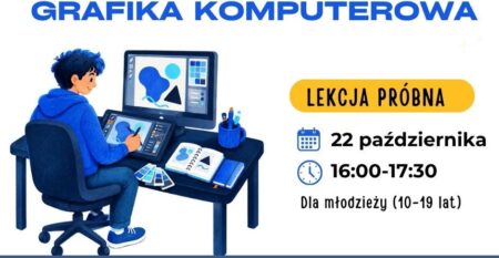 Plakat informacyjny Fundacji NABU z kolorową ilustracją chłopaka rysującego na tablecie graficznym przy biurku komputerowym, zapowiadający bezpłatną lekcję próbną z grafiki komputerowej dla młodzieży w wieku 10–19 lat w dniu 22 października w godzinach 16:00–17:30, z numerem telefonu do zapisów 533 888 731
